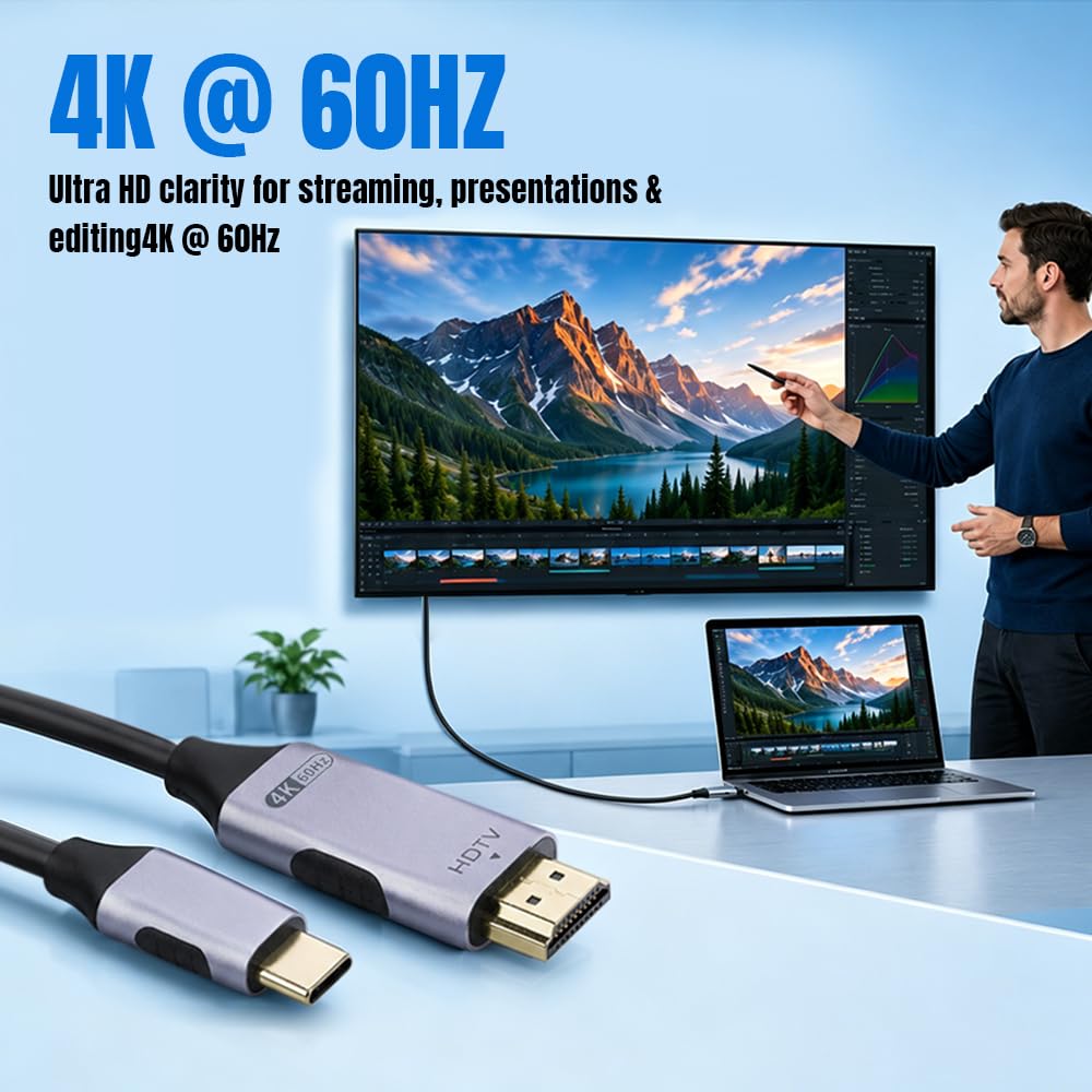 Mcbazel USB C to HDMI Cable 10ft [4K@60Hz, High-Speed], USB 3.0 Type C to HDMI 2.0 Cord for Home Office, MacBook Pro/Air, iPad Pro, iPhone 15/16, Galaxy S Series, Surface — 10 Foot image 3