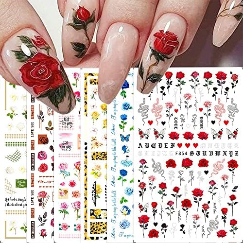 Flower Nail Art Stickers Decals 6Sheets Spring Rose 3D Self-Adhesive Nail Stickers Flowers Rose Butterfly Design Nail Decals for Nail Art Women Girls Acrylic Nails Decorations DIY Nail Art Supplies