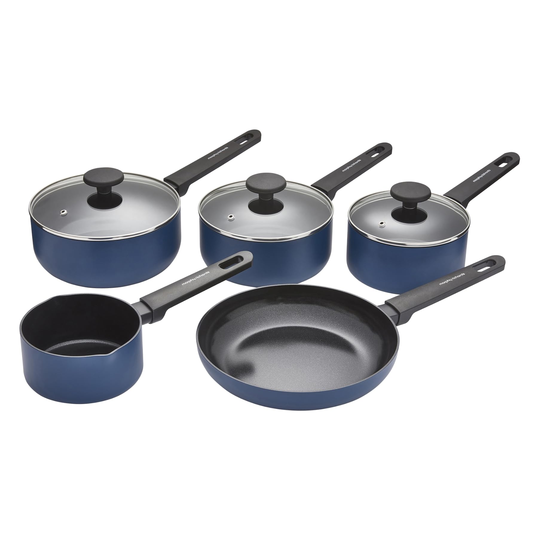 Morphy Richards 5-Piece Saucepan Set, Recycled Aluminium, 14cm Milk Pan, 23cm Frying Pan, 16cm, 18cm & 20cm Saucepan, Non Stick Coating, Soft Touch Handles, Suitable for All Hobs, Blue