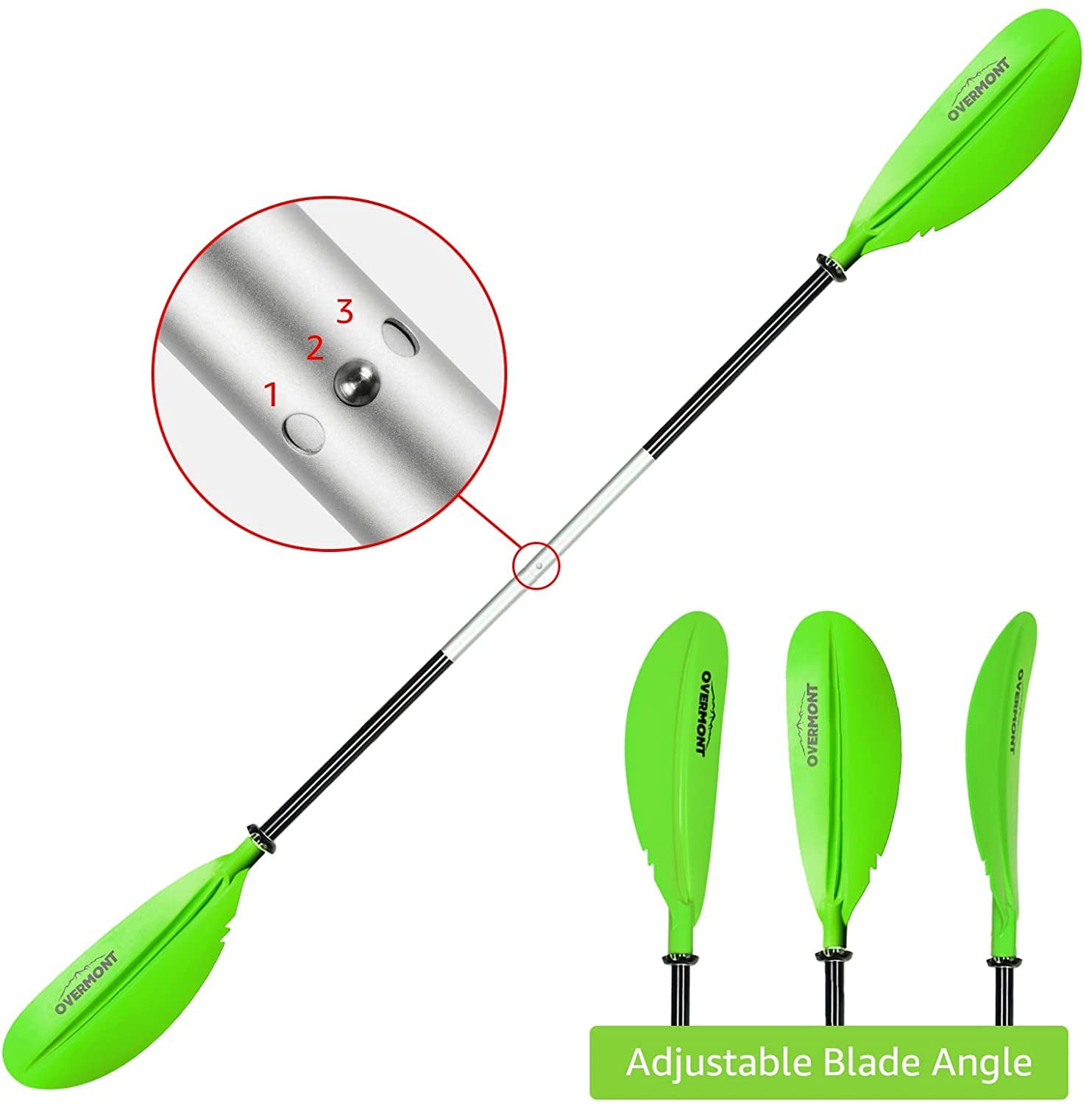 OVERMONT Pagaie de Kayak Double 230 cm avec Cordon de Sécurité, Pagaie Aluminium Démontable 2 Pièces, 3 Angles Réglables pour Kayak Gonflable, Canoë et Bateau