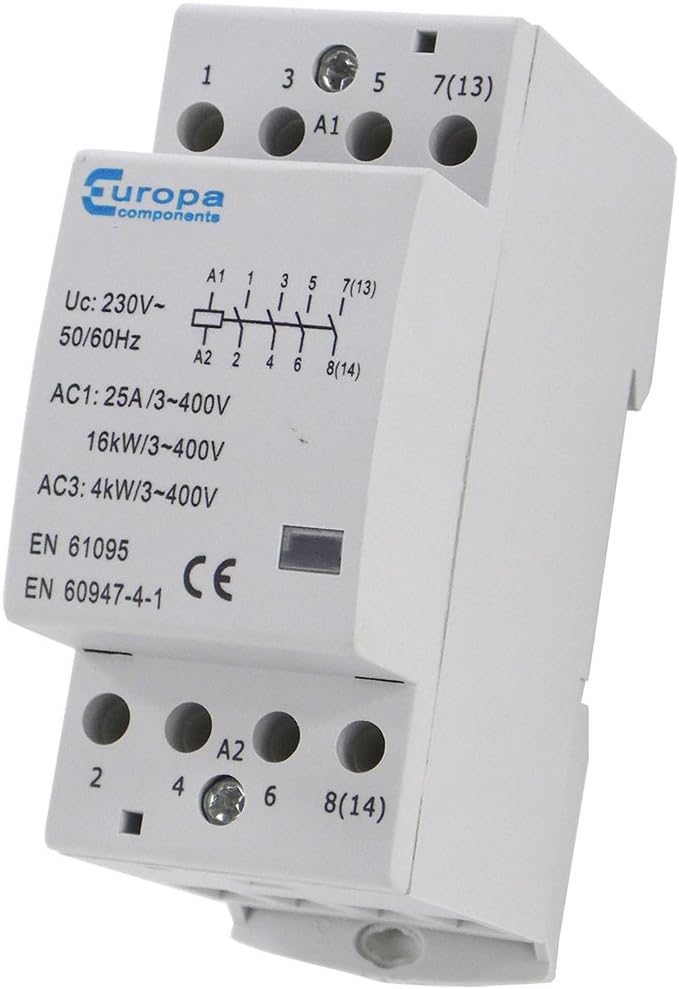 Europa Components EUC2-25-4NOB-AZ Modular Contactor 4 Pole N/O 25A 24V AC Coil, Multi-Colour