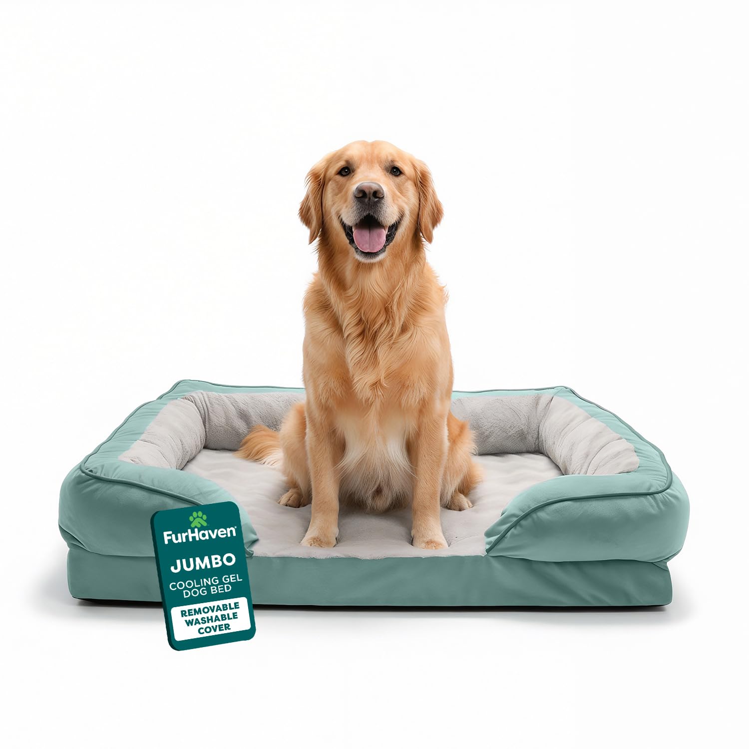 Furhaven Cuccia rinfrescante per cani di taglia grande, con cuscini rimovibili e copertura lavabile, per cani fino a 43 kg, divano in peluche e velluto, perfetto comfort, verde Celadon, Jumbo/XL