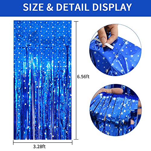 Image of TONIFUL 2Pcs Blue Metallic Tinsel Foil Fringe Curtains with Star,Blue Photo Booth Backdrop Streamer Curtain Photo Booth Props for Bachelorette Party,Birthday,Halloween,Christmas Decor(6.6ft x 6.6ft)