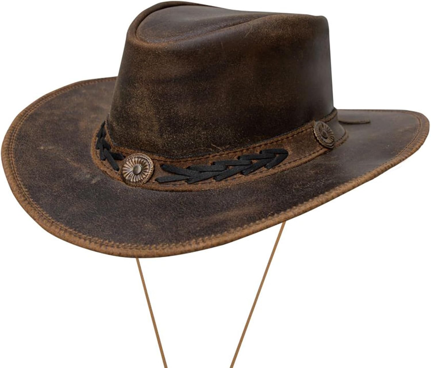 Dream Apparel Brown Leather Cowboy Hat for Men Women Western Australian Outback Hat w/Shapeable Wide Brim, Aussie Style Hat