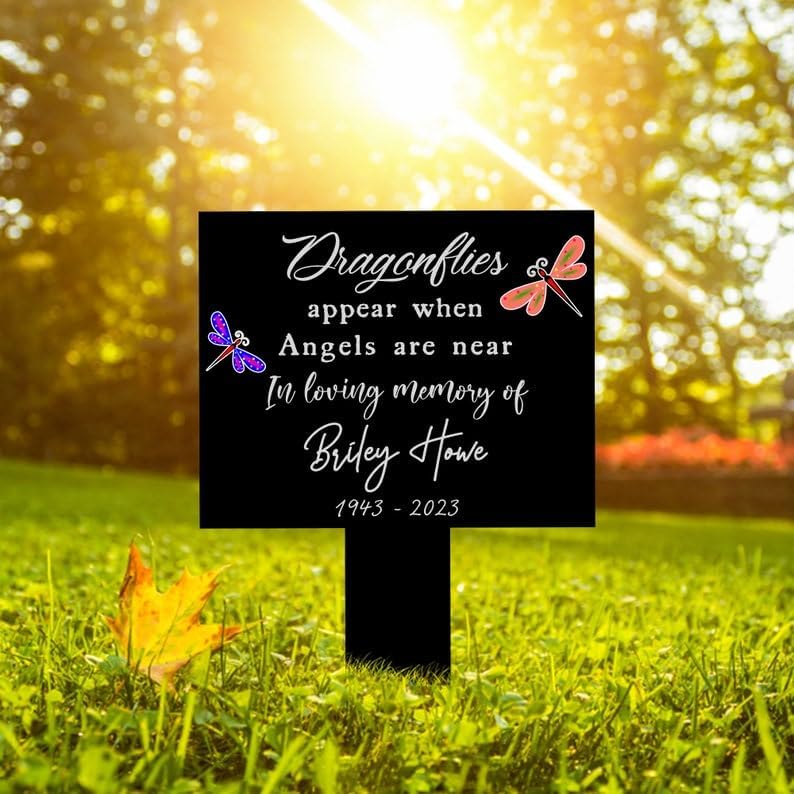 Personalized Memorial Plaques for Outdoors Dragonflies Appear When Angels are Near Mom Dad Grave Marker 12x12 inch Metal Garden Stakes Memorial Gifts Sympathy Gifts for Loss of Loved One (Style 33)
