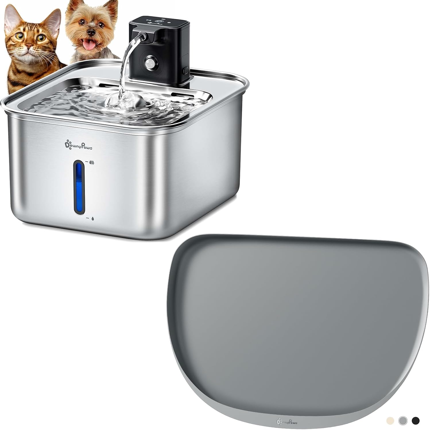 DownyPaws 3L Cat Water Fountain Stainless Steel Wireless Black and Dog Cat Food Mat for Food and Water, 18"×12.5", Light Gray