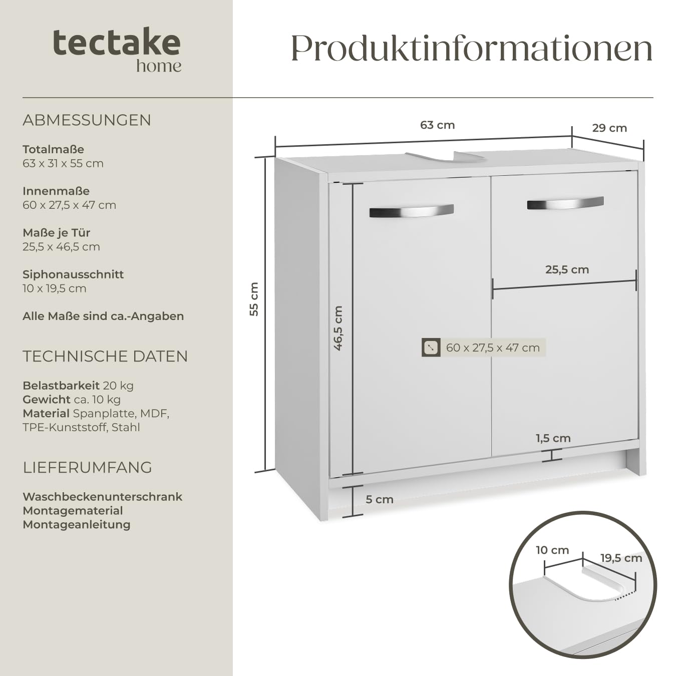 tectake® Waschbeckenunterschrank, Waschtisch Unterschrank, Badschrank für unter Waschbecken, Spüle, Schrank Möbel Badunterschrank, Waschtischunterschrank für Badezimmer & WC, Badmöbel - weiß