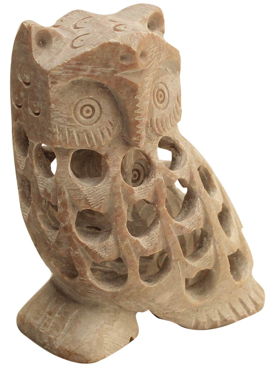 ABHANDICRAFTS Soapstone Collectible Figurine Sculpture of Owl with Another intricately Hand-Carved Little owl Inside