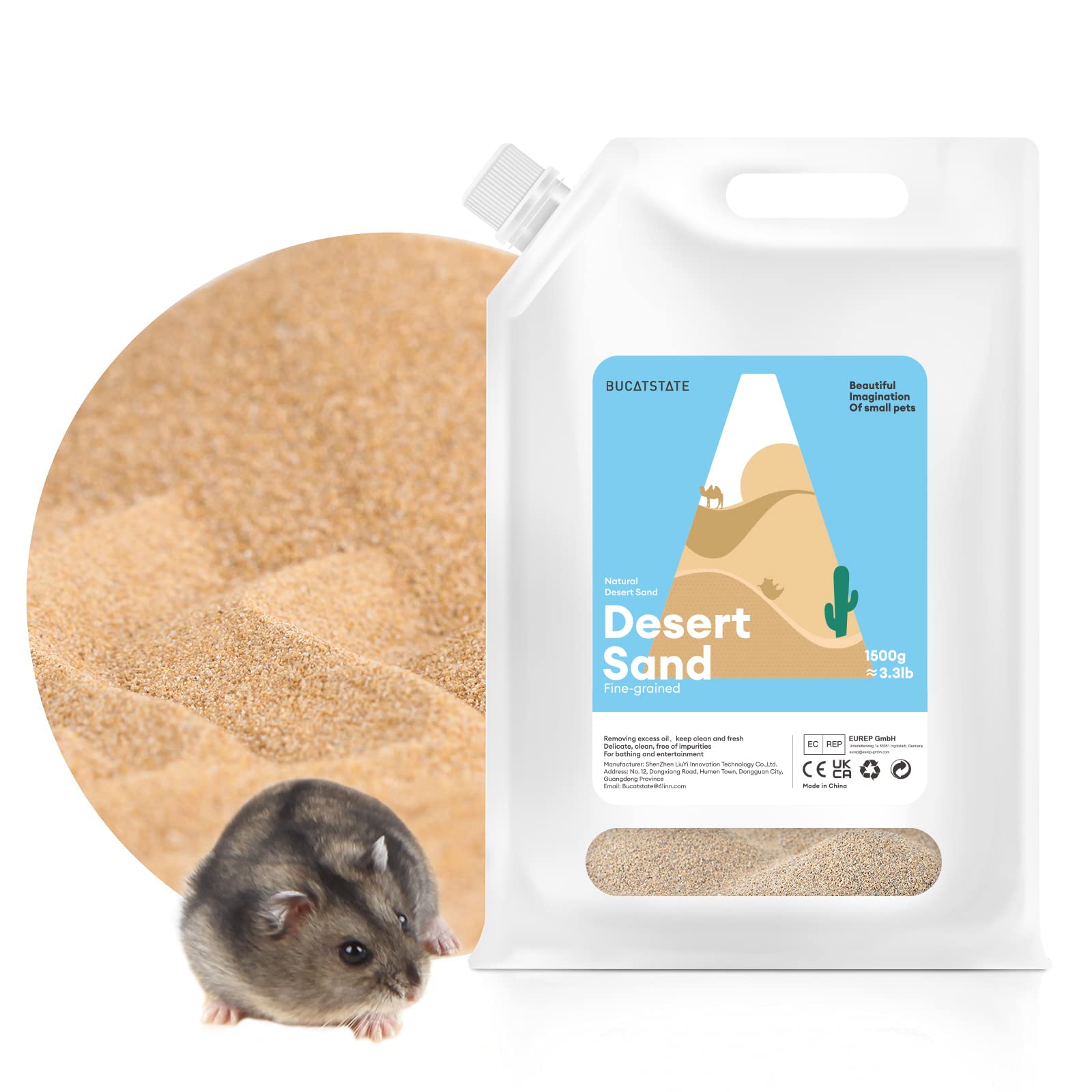 BUCATSTATE Hamster Sand, No-Dust 3.3LB Chinchilla Dust Bath with Pour Spout, 100% Natural Desert Bathing Sand for Syrian Hamster Gerbil Rat Mice Small