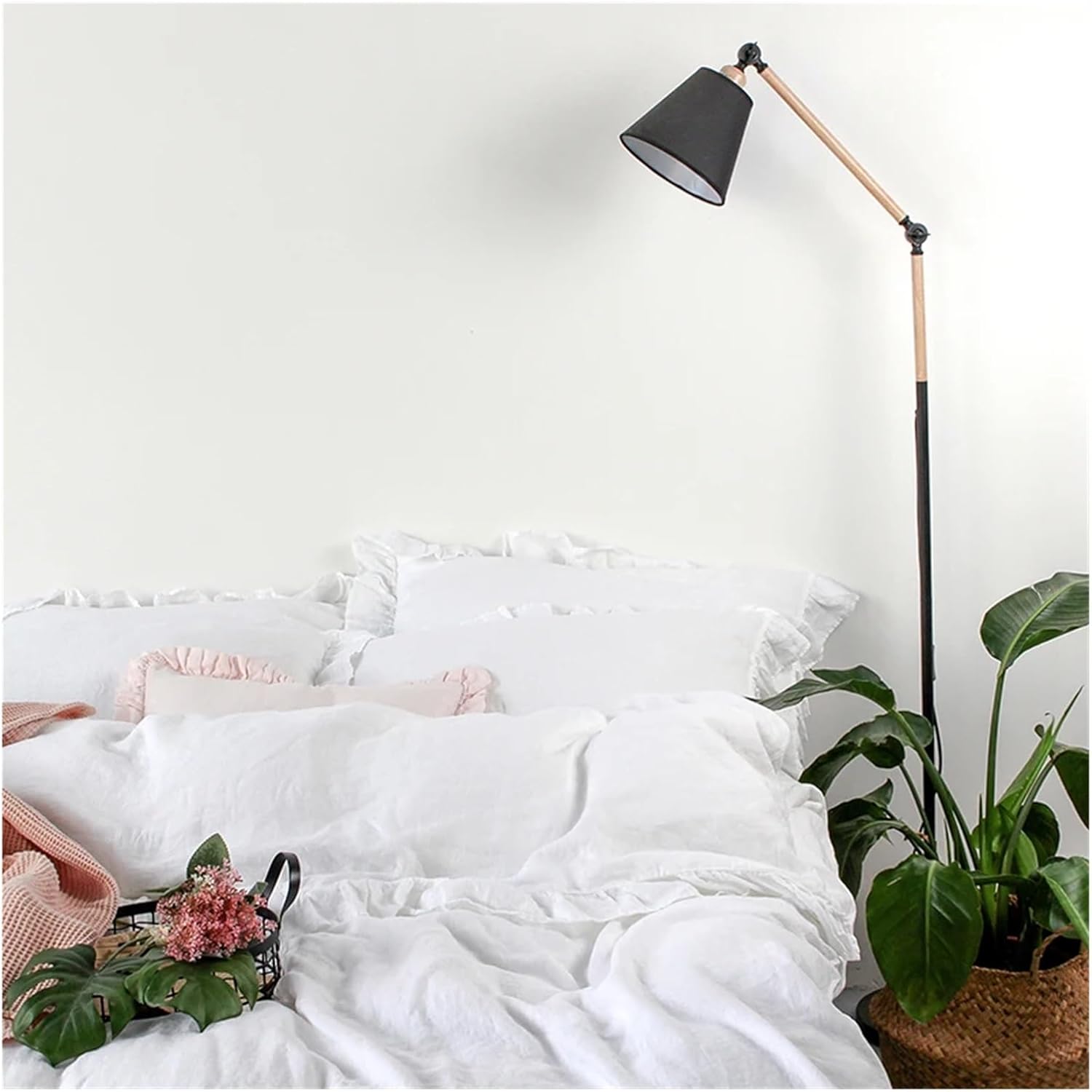 Linen Duvet Cover Set with Zipper Soft & Breathable White Bedding Set 1 Quilt Cover Ruffle Flat Sheet and Pillowcases,Bed