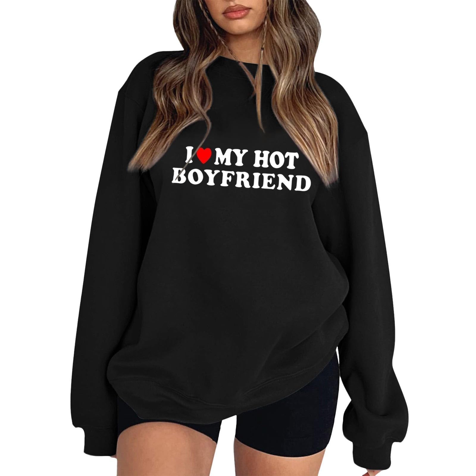 WLHBFWomen's Round Neck Sweatshirt I LOVE MY CRAZY BOYFRIEND Letter Print Loose Pullover Cropped Sweatshirt Long Sleeve Oversized Tunic