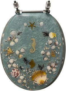 Popular Bath Elongated Blue Seashell & Seahorse Resin Toilet SEAT - Chrome Hinges