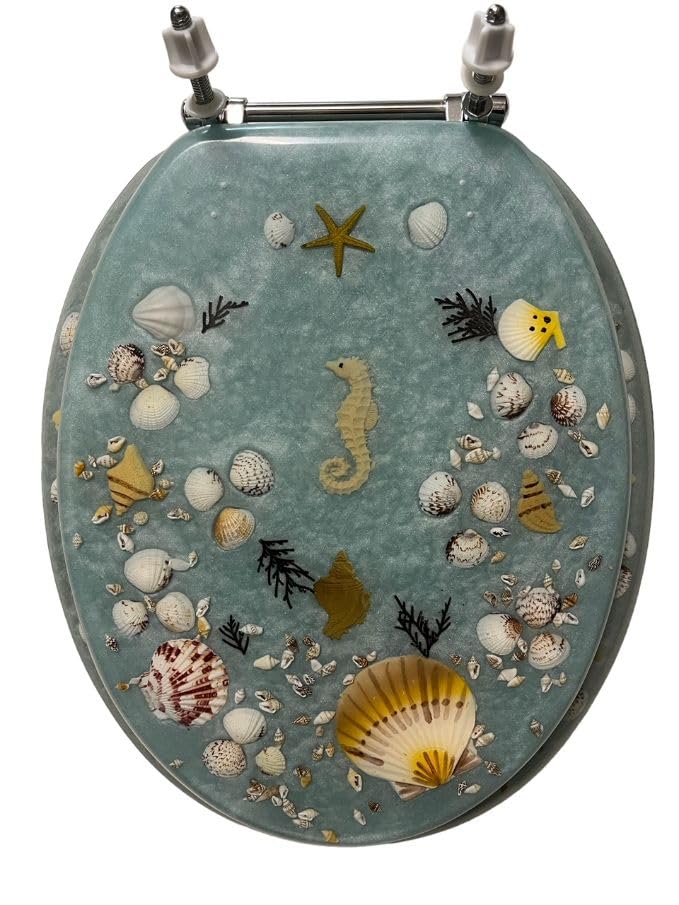 Popular Bath Elongated Blue Seashell & Seahorse Resin Toilet SEAT - Chrome Hinges