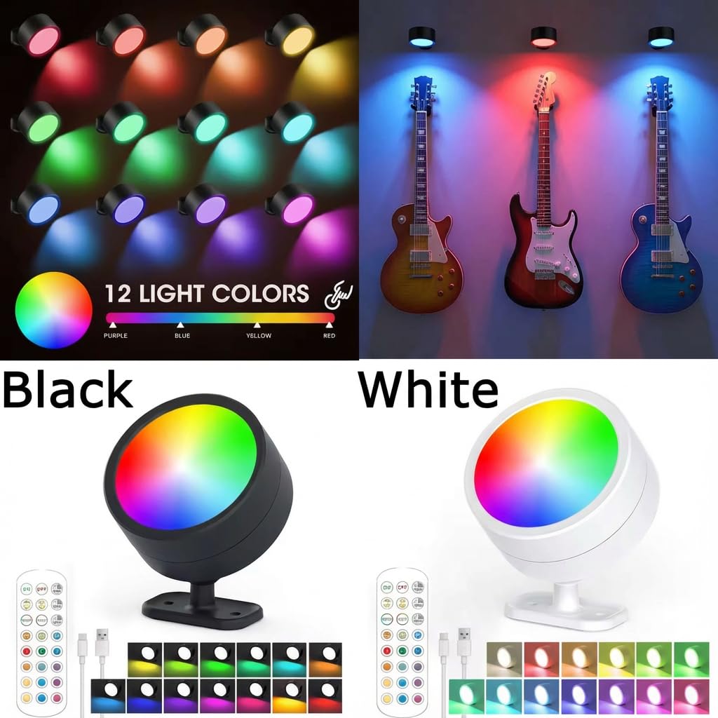 Wieszak na gitarę Uchwyt ścienny ze światłem RGB i panelami akustycznymi | Zmieniający kolor LED Wyświetlacz pochłaniający dźwięk dla gitar | 125 x 50 cm | Kolor lampy: Biały | Kolor panelu: [Czarny |