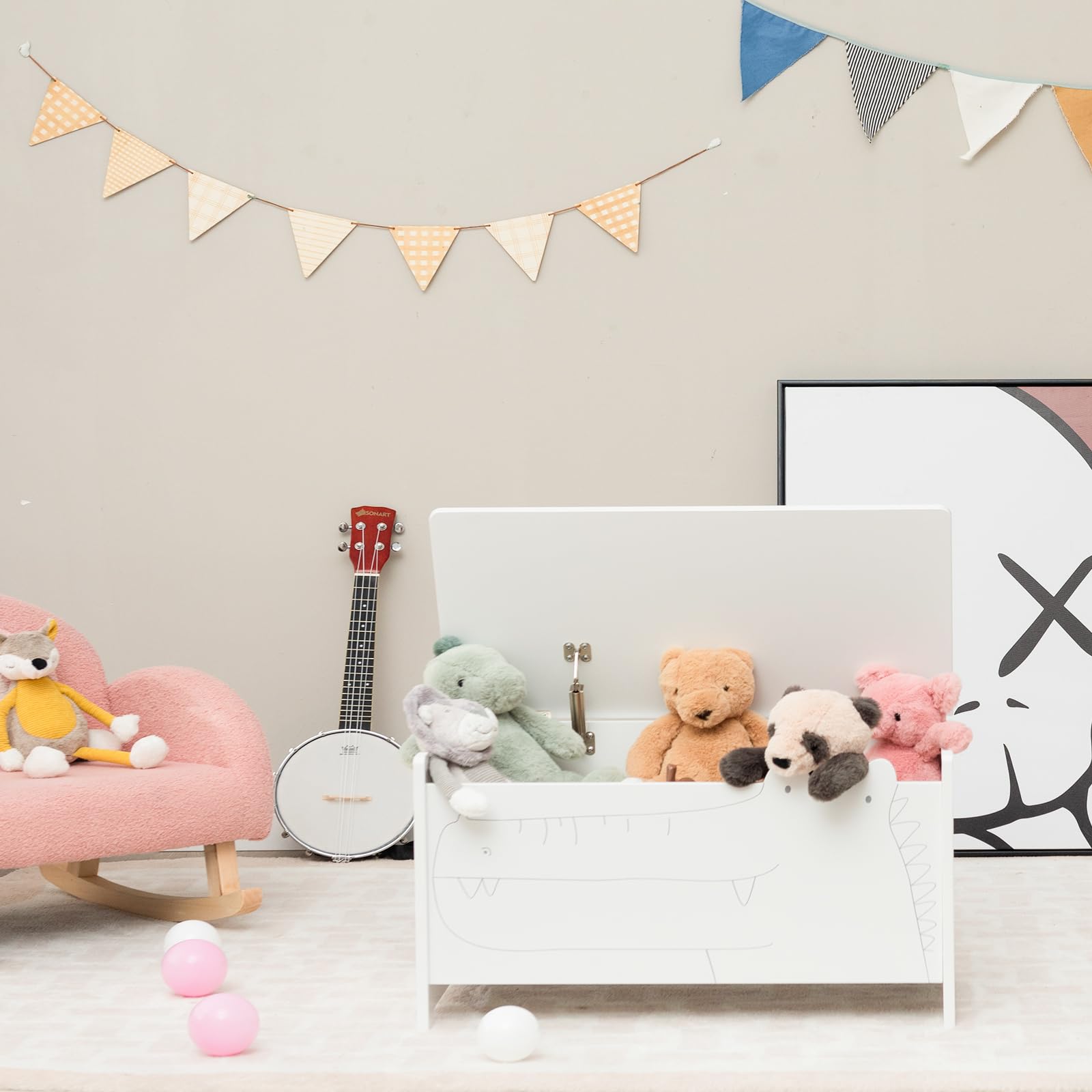 SOARS Baul Almacenaje Dormitorio, Baul Juguetes Infantil con Bisagra Seguro y Asas Recortadas, Banco Almacenaje Infantil con Tapa Abatible, Cultivar la Organización de Niños,60 x 33 x 37,5cm (Blanco)