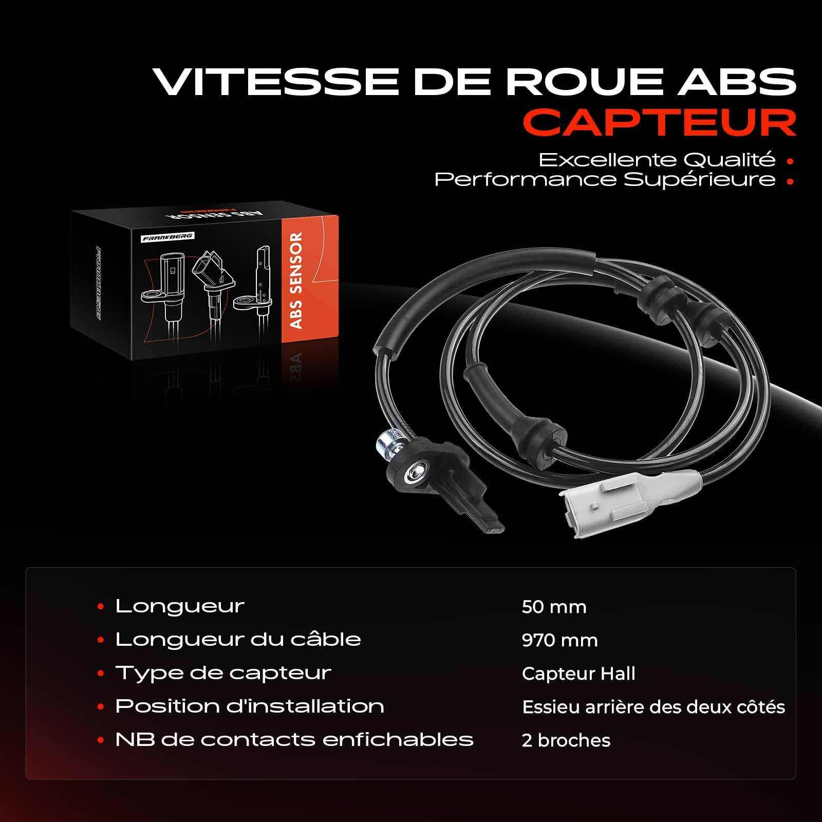 Frankberg Capteur ABS de vitesse de roue arrière 96536631 | Compatible avec: 3008 MPV 0U, 5.008E3 0E 0U, C4 Grand Picasso I UA, Berlingo Box/MPV B9, Berlingo plateau/châssis B9