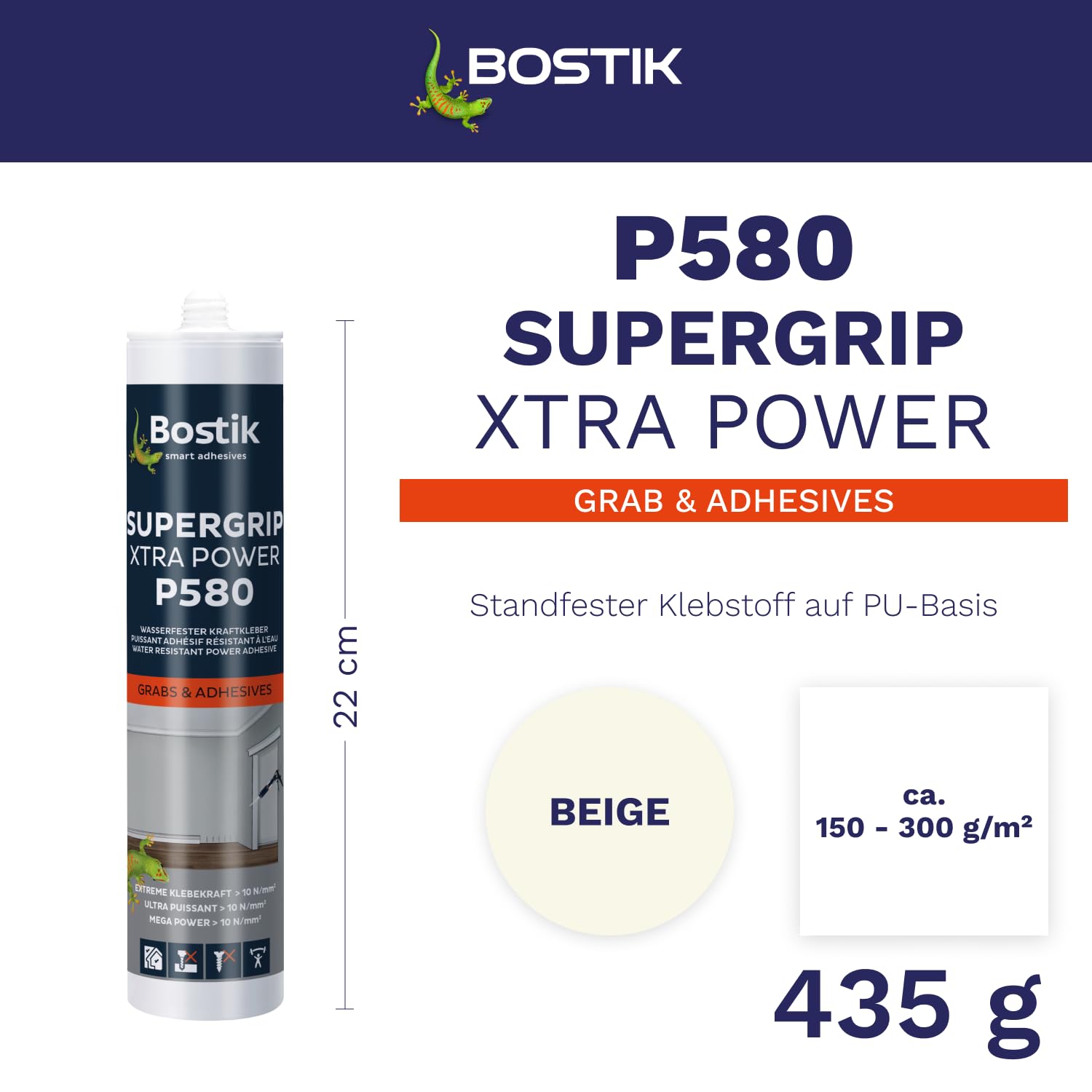 Bostik P580 Supergrip Xtra Power beżowy klej montażowy PU (435 g), wkład 290 ml