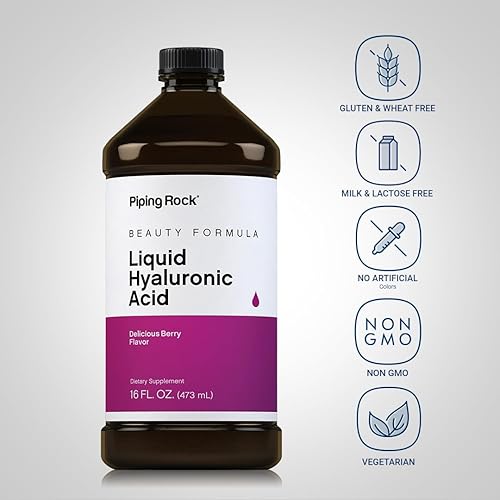 Miniatura 3 de Piping Rock Suplemento líquido de ácido hialurónico  100 mg  16 onzas líquidas  Sabor a bayas  Fórmula vegetariana  Sin OMG, sin gluten
