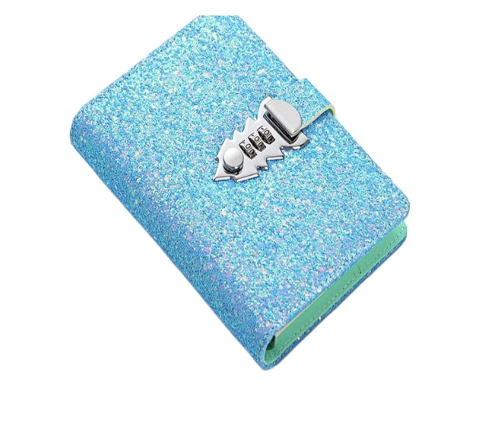 Classeur de planificateur A6 avec couverture en PU à paillettes, avec serrure, mot de passe en spirale, Agenda, papeterie scolaire(Sky Blue)