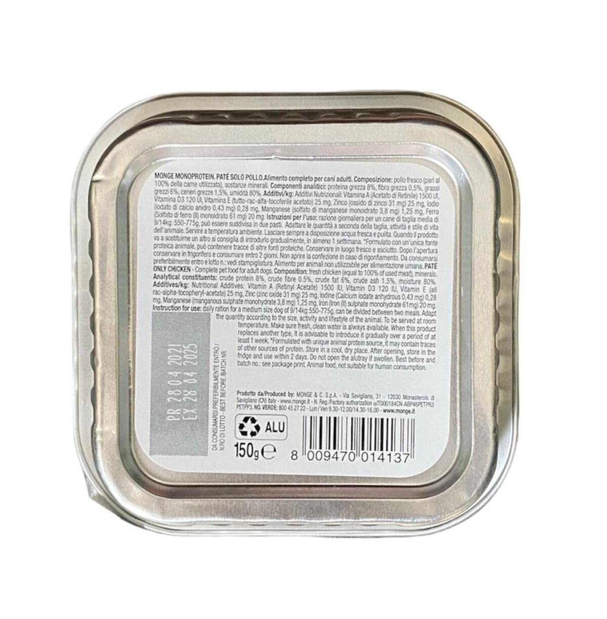Monge Monoprotein Cibo umido per Cane solo Pollo, naturalmente senza coloranti, conservanti e zuccheri aggiunti. Confezione da 24 vaschette (1 = 150gr.)