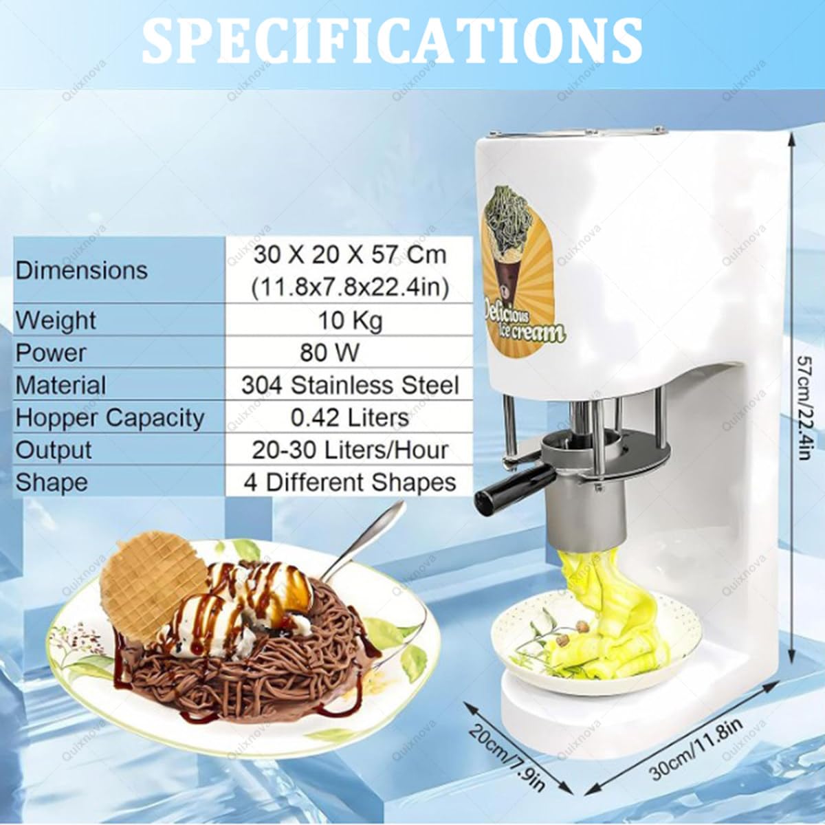Máquina eléctrica para Helado Tipo Espagueti con 4 moldes de Formas, Prensa de Acero Inoxidable (Capacidad 28-30 l/h) y extrusora Profesional de Fideos de Helado Yellow