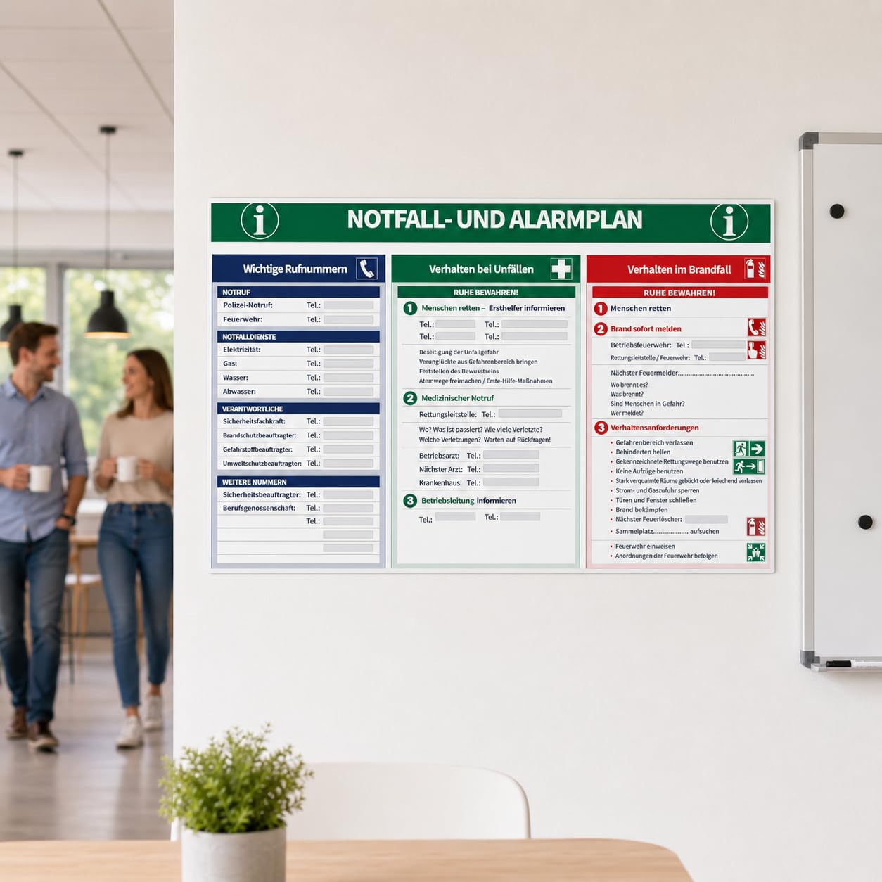 Señal de emergencia y alarma 600 x 400 mm | Cartel de seguridad con números de emergencia para escribir | Comportamiento en accidentes y casos de incendio | PVC duro para oficina, taller, escuela
