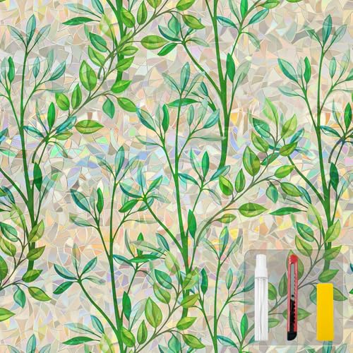 Countewol Window Privacy Film Stain Glass Window Film Rainbow Window Film Window clings Non-Adhesive Reusable Decorative for Room (Leaf Rainbow, 17.5 x 78.7 in)