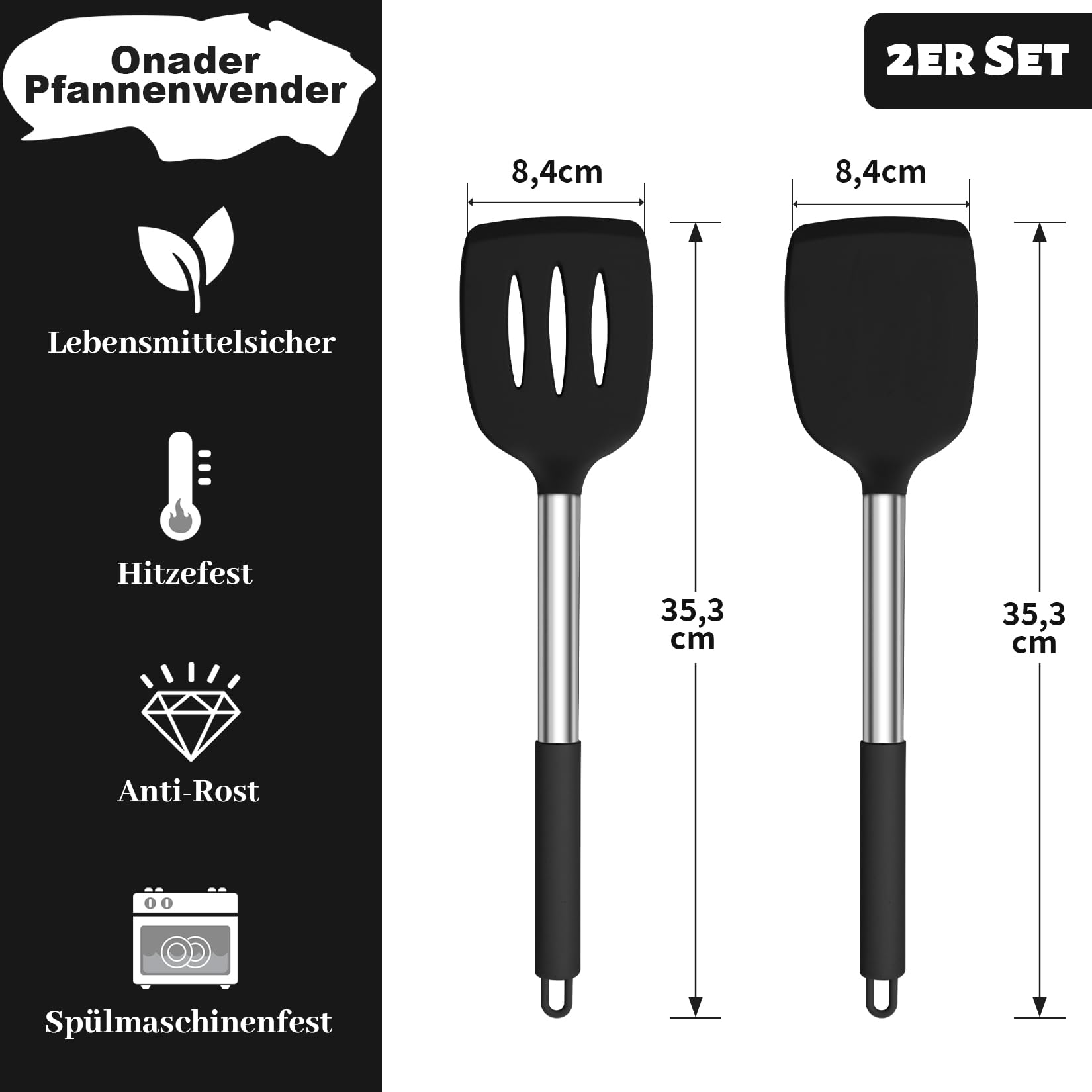 Onader Silikonowa łopatka kuchenna, 2 sztuki, przybory kuchenne z uchwytem ze stali nierdzewnej, nieprzywierające, zestaw naczyń do gotowania, odporne na wysokie temperatury i nadają się do mycia w