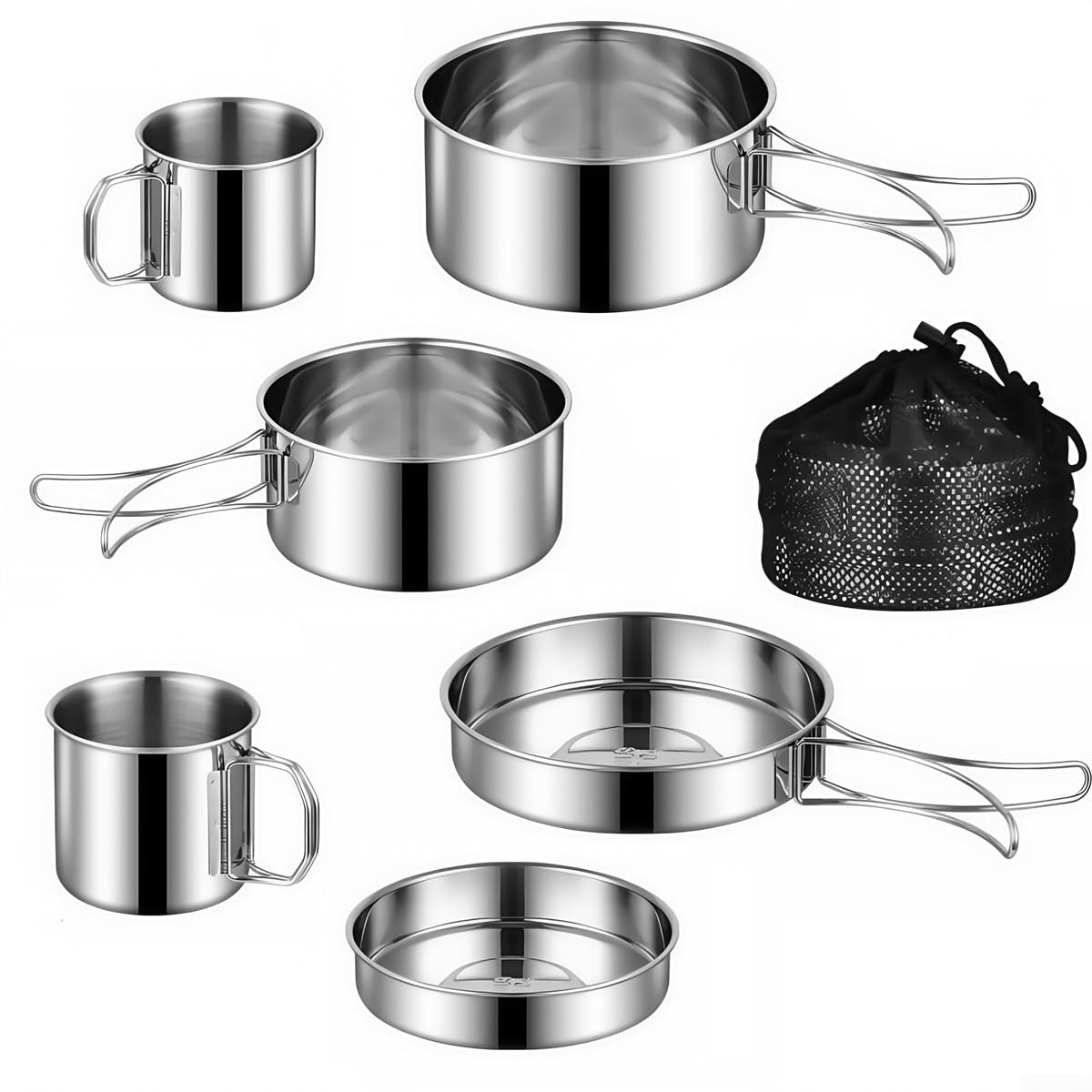 Juego de cocina de camping de acero inoxidable, 6 piezas, con asas plegables, ollas, sartenes, tazas para trekking, mochilero, pícnic, plata, 15 x 15 x 10 cm