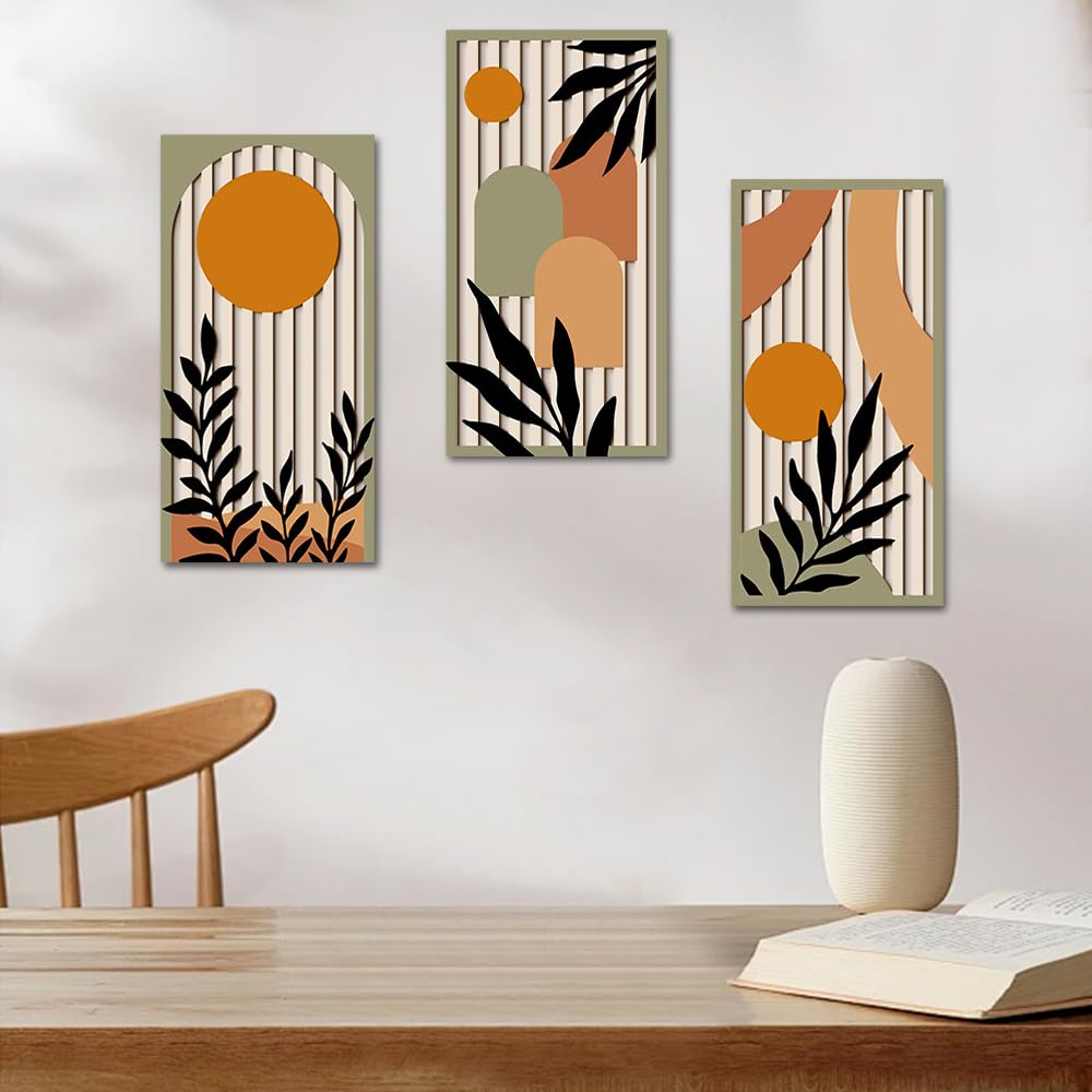 KiKiHong Décoration Murale en Bois Set de 3,Deco Murale Bois,Tableaux Murs en Bois Motif Plantes & Géométrique Moderne pour Salon Chambre Entrée Galerie 40 x 20 cm