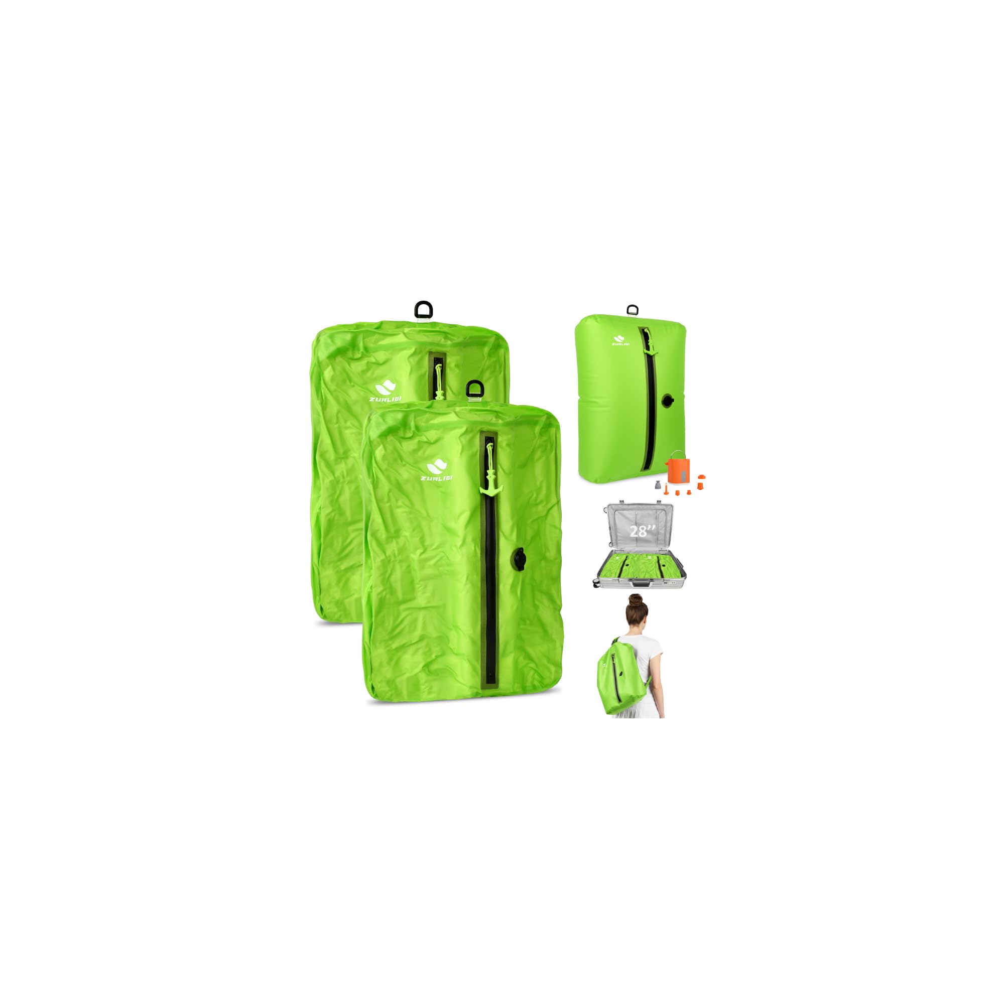 Zurligi Vacuum Bags with Pump for Travel – IPX8 Waterproof Reusable Carry-On Compression Bags for Clothes, Suitcase & Luggage(2-Pack, Green)