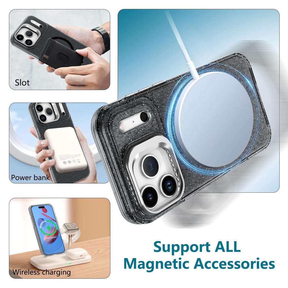 Magnetyczne etui do iPhone 17 Pro Max / 17 Pro / 17 Air/17, matowe etui na telefon komórkowy z klapką stojaka, brokatowe, stylowe, smukłe etui, czarne, 17 Pro