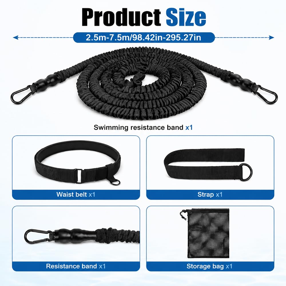 Schwimmgurt Pool, Einstellbare Schwimmgurt Pool Erwachsene, Schwimmtrainer mit 2,5-7,5 M Elastischen Gummibändern, Schwimmtrainer Gürtel für Pooltrainer, Erwachsene