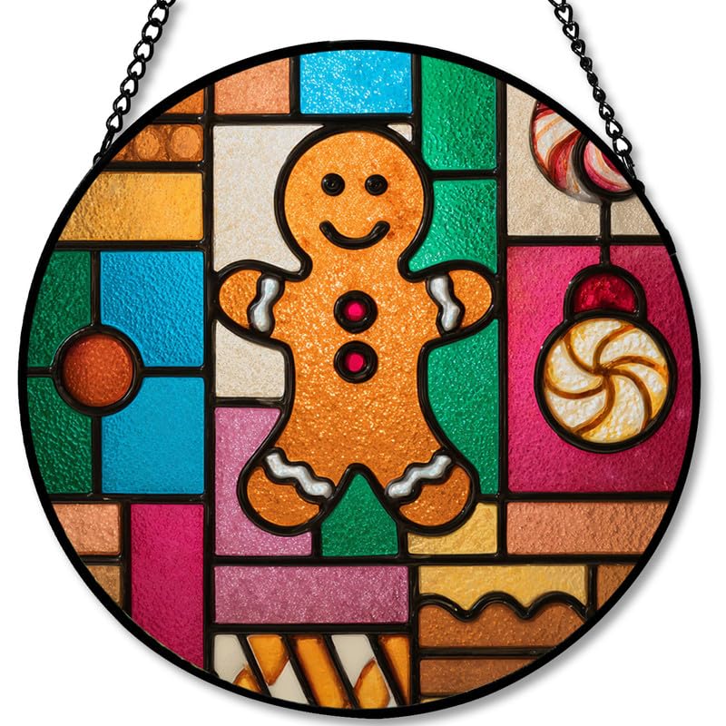 Stained Glass Window Hanging - Christmas Color Block Gingerbread Cookie with Peppermint Ornaments Sun Catchers Panel for Indoor Decorative Display for