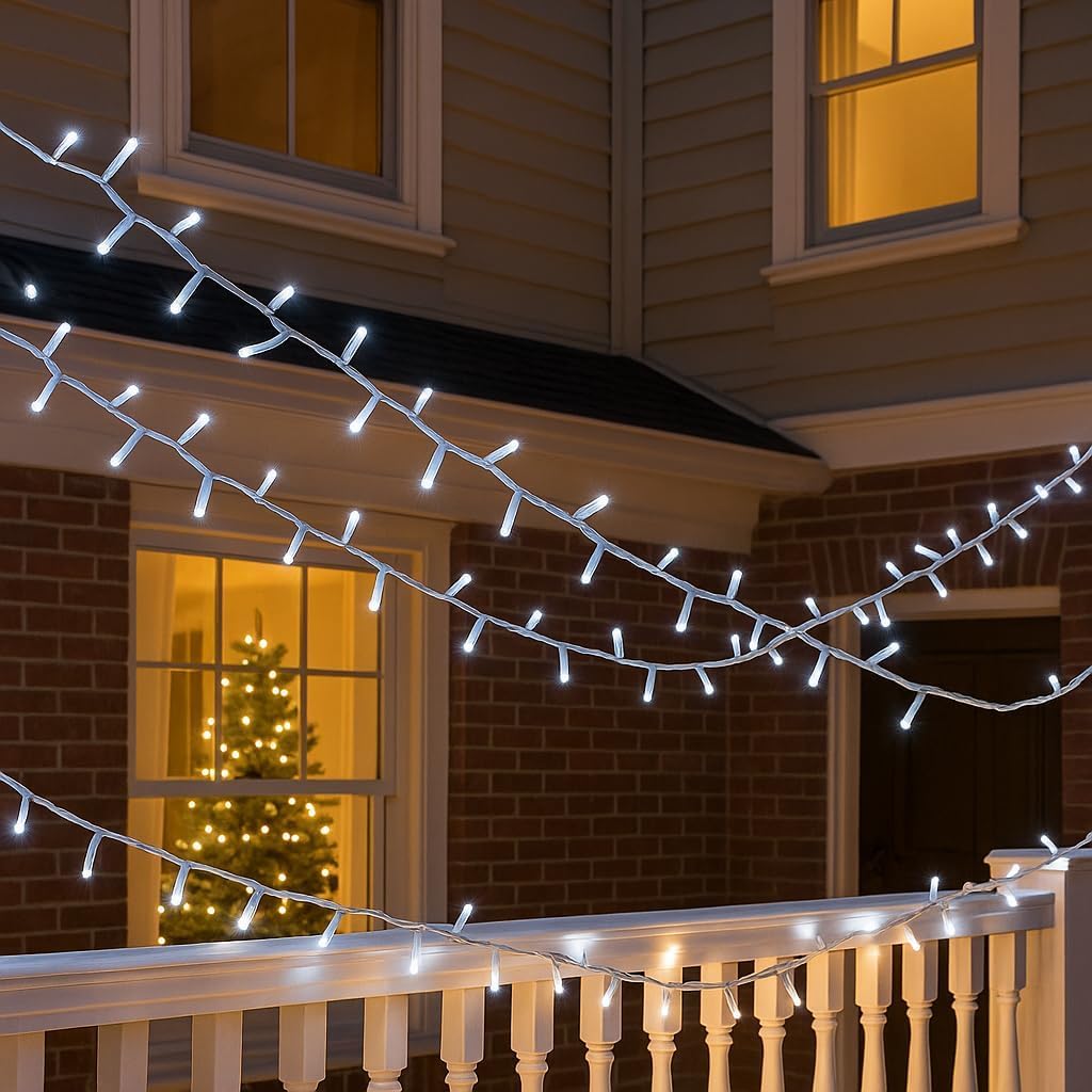 Elektronova Catena Luminosa 300 LED, 30Mt, Luce Bianca, Cavo Bianco, IP65, Prolungabile, Effetto Flash, ghirlanda nataliza, negozi, balcone natale