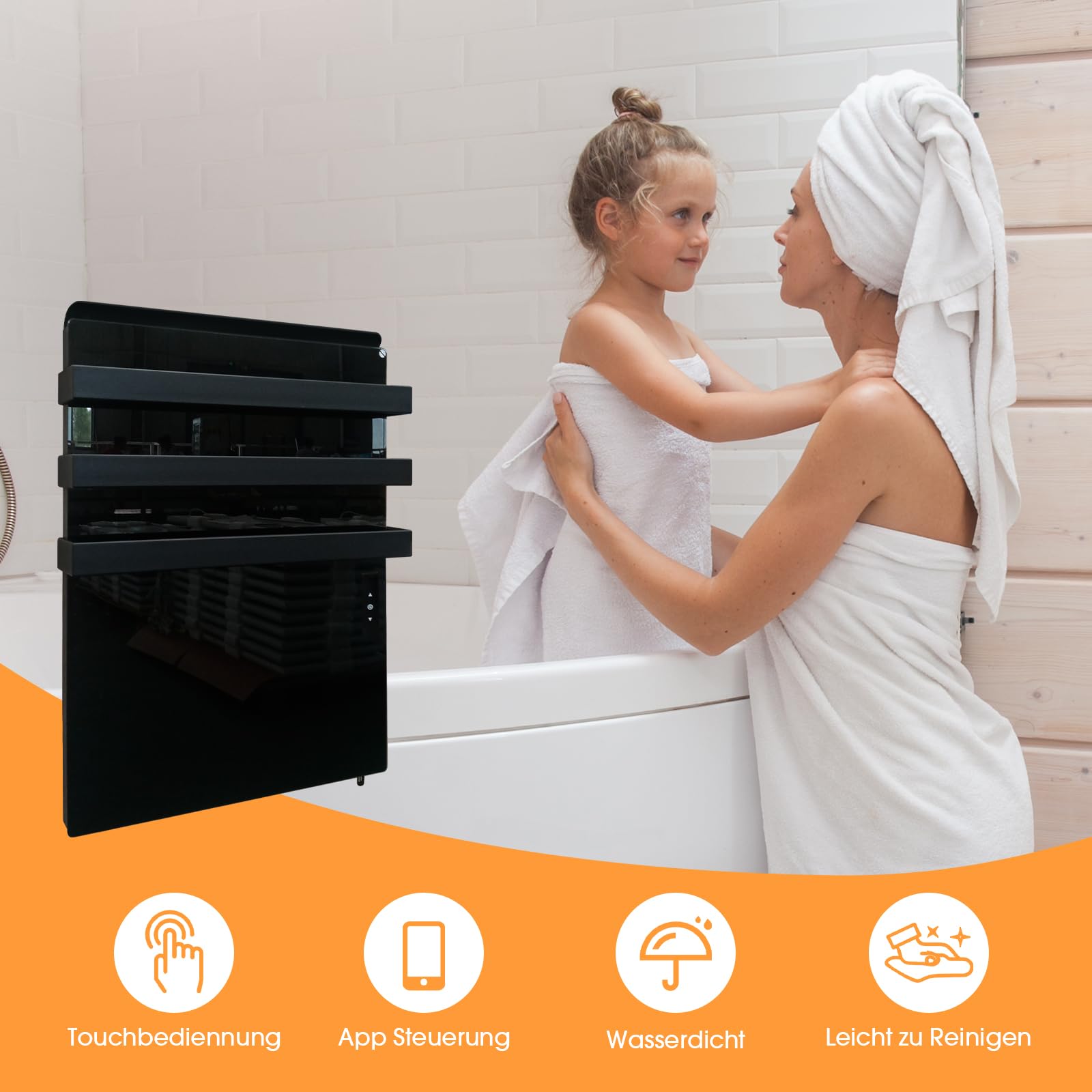 Infraroodverwarming met thermostaat, 730 watt, badkamerradiator met handdoekhouder, infrarood wandverwarming met app-bediening, elektrische verwarming met touchscreen, handdoekverwarming