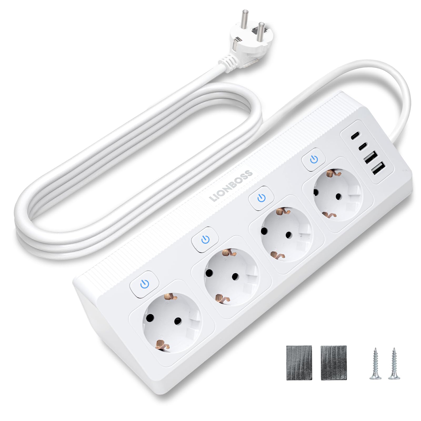 Ecksteckdose Tischsteckdose mit USB C Schnelladen, 4 Fach Steckdosenleiste mit Überspannungsschutz & 4 einzeln schaltbaren Steckdosen, Kindersicherung, 8-in-1 Mehrfachsteckdose mit 2m Kabel Büro Weiß