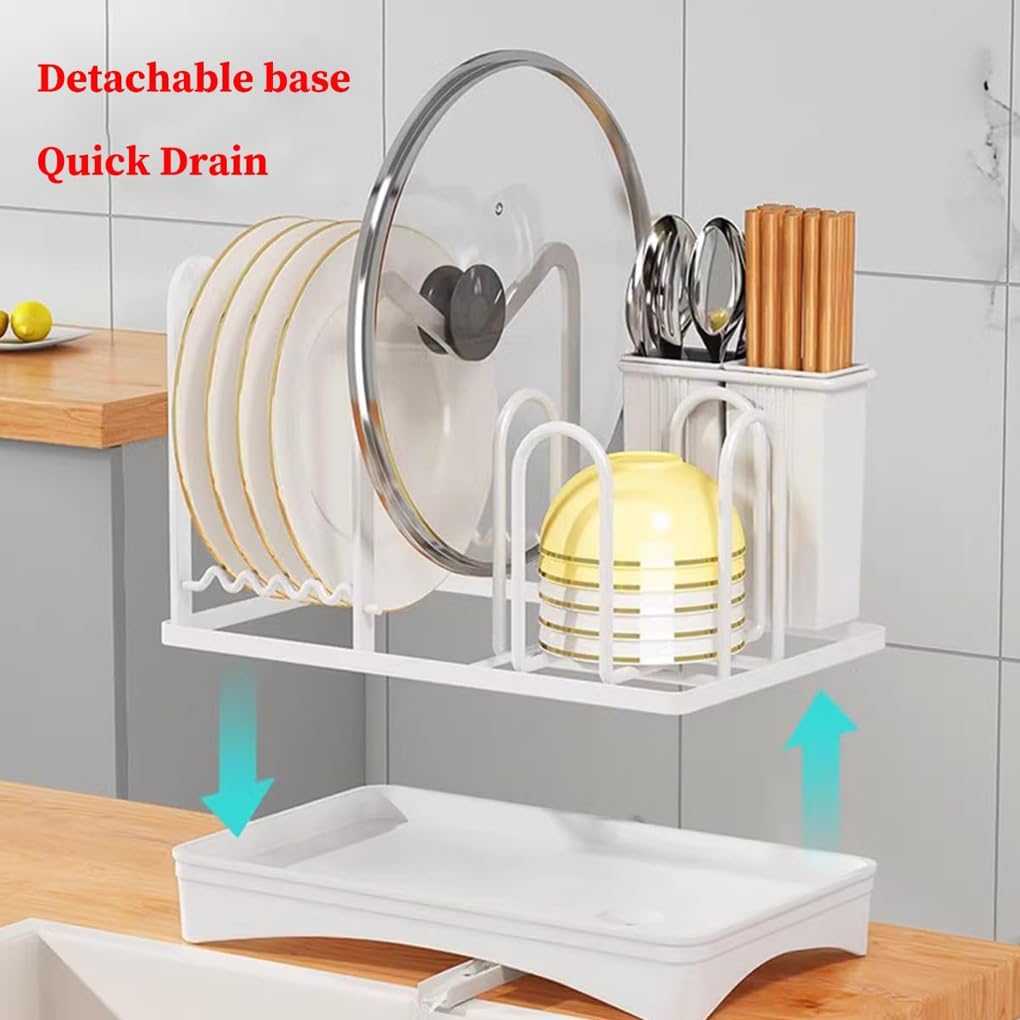Estante compacto para secar platos con tabla de drenaje para encimera de cocina, cesta extraíble para cubiertos, estante escurridor de platos con drenaje automático para White