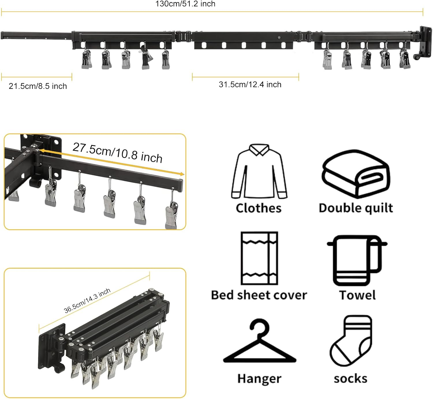 BESy Tri-Fold Foldable Clothes Drying Rack Retractable Hanging Collapsible Dryer Hanger Racks for Laundry Balcony Bathroom Space Saver Outdoor Indoor 20 Clips Aluminum Alloy Wall Mounted Matte Black