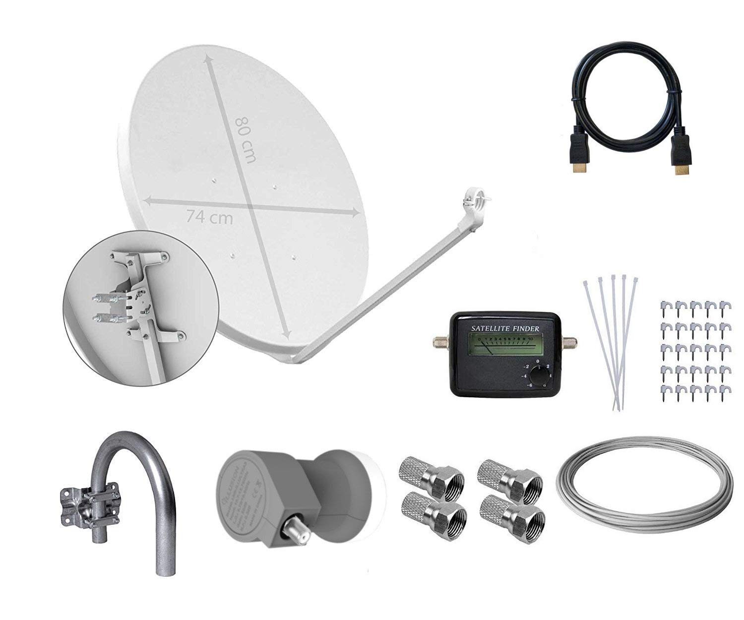 Tecatel E80C1LSCCK1-37 - Kit parabólica de 80 cm (Soporte, LNB Universal, Cable, Conectores, Grapas, Bridas y buscador), Color Blanco