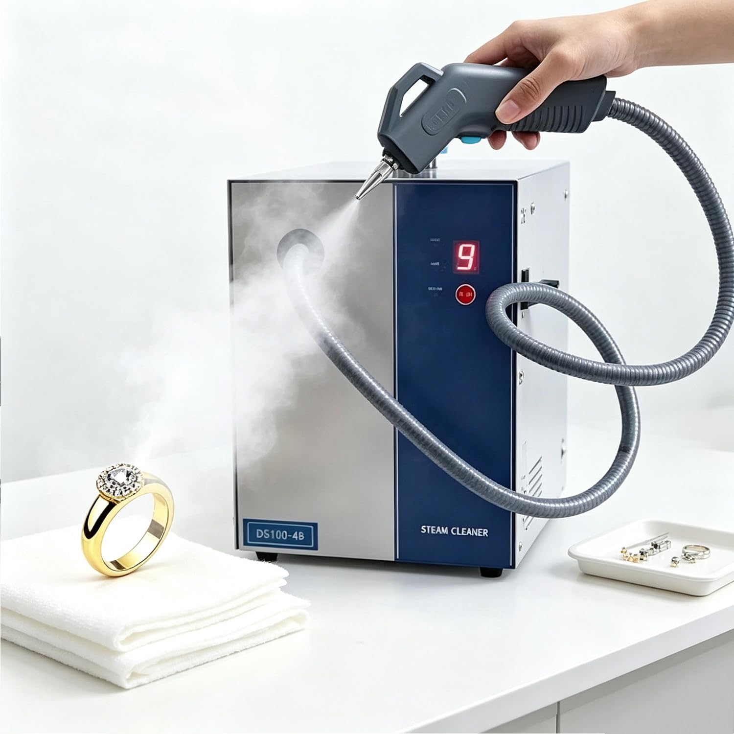 Profesjonalna myjka parowa do biżuterii – wysokociśnieniowe urządzenie ze stali nierdzewnej 3Lspraygun | 1300 W / 2600 W, temperatura pary 135°C; do złota, srebra, diamentów, pierścionków i zegarków – idealna salonów jubilerskich