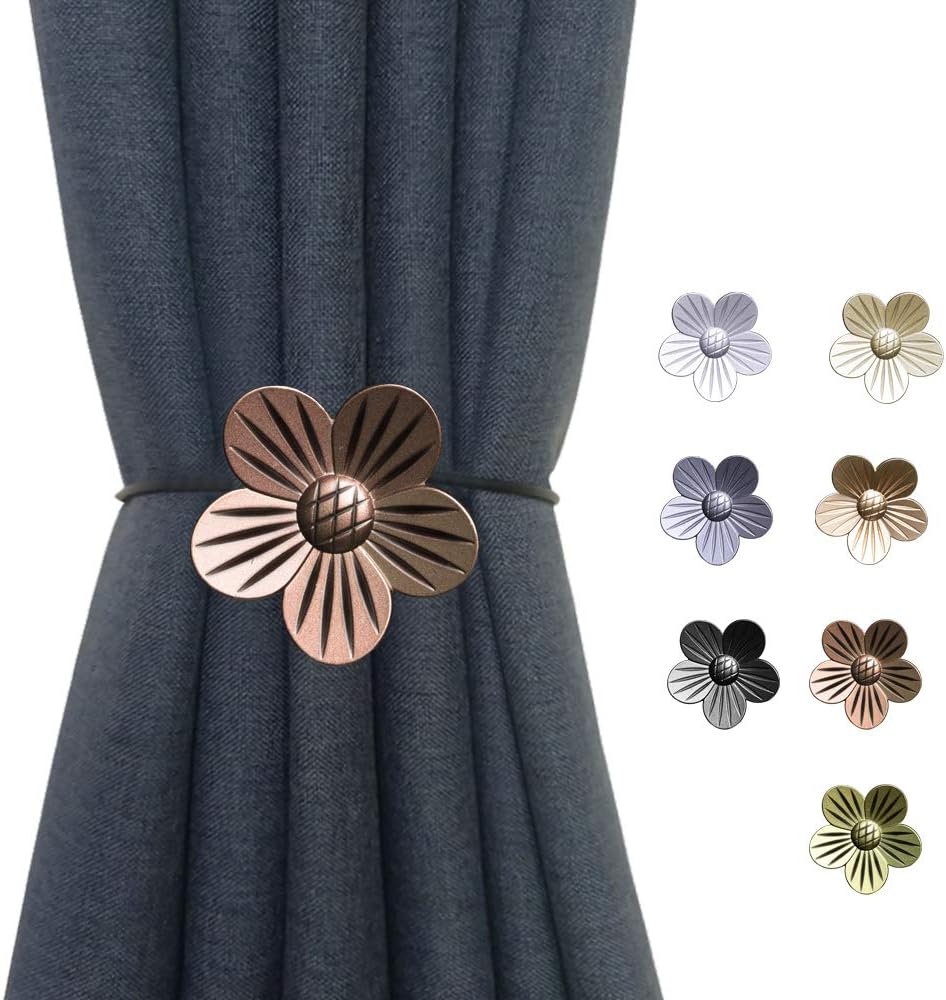 DEZENE Magnetic Curtain Tiebacks Holdbacks: Pack of 4 Rust-Proof Metal Flower Magnet Drapery Tiebacks for Indoor Window, Outdoor Patio, Bronze, 16 Inch Long
