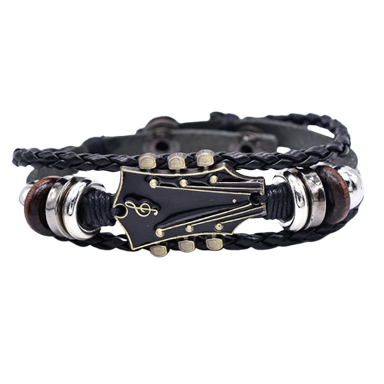 Luojuny Braided Guitar Bracelet Zinc Alloy Adjustable Buckle Manual Woven Faux Leather 3-layered Punk Retro Wrist Jewelry Black