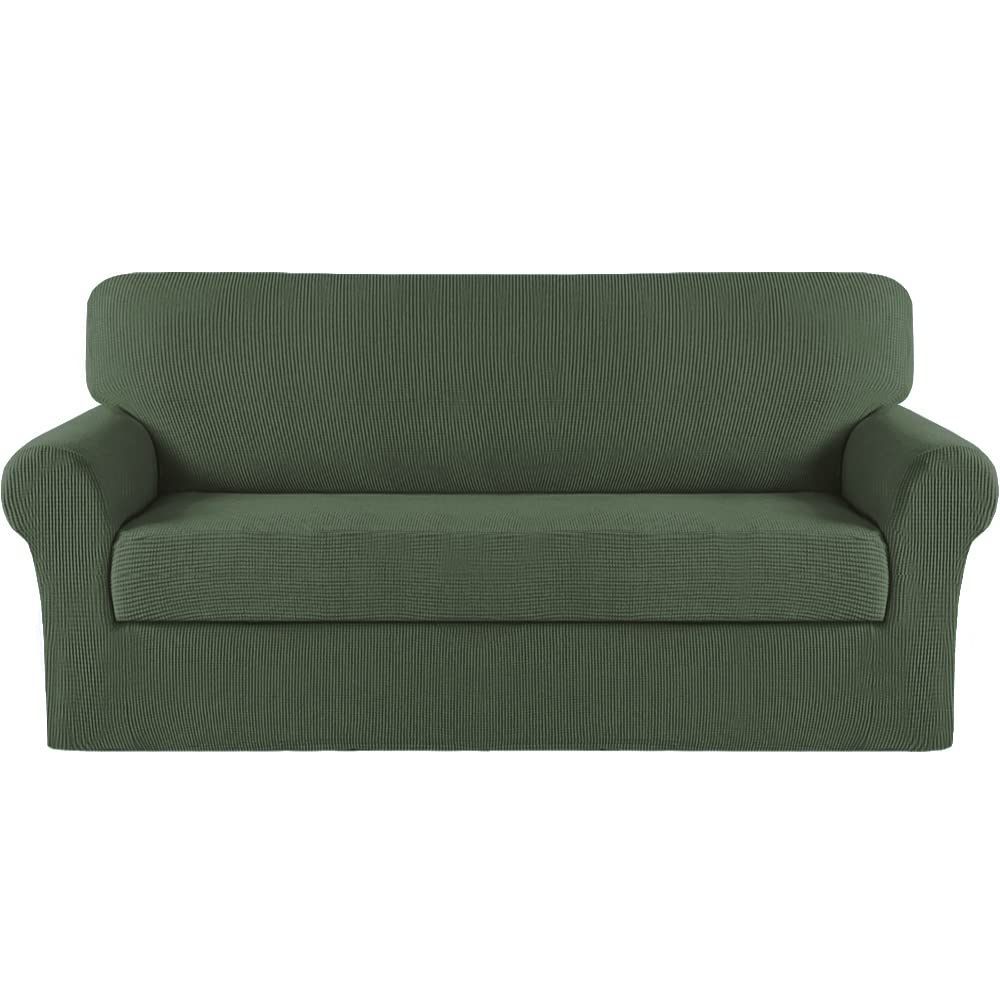 Turquoize Stretch Sofa Slipcover 2 Pieces Sofa Cover Couch Cover for 3 Cushion Couch Washable Furniture Protector Covers with Elastic Bottom Feature Thick Jacquard Fabric (Sofa, Bronze Green)