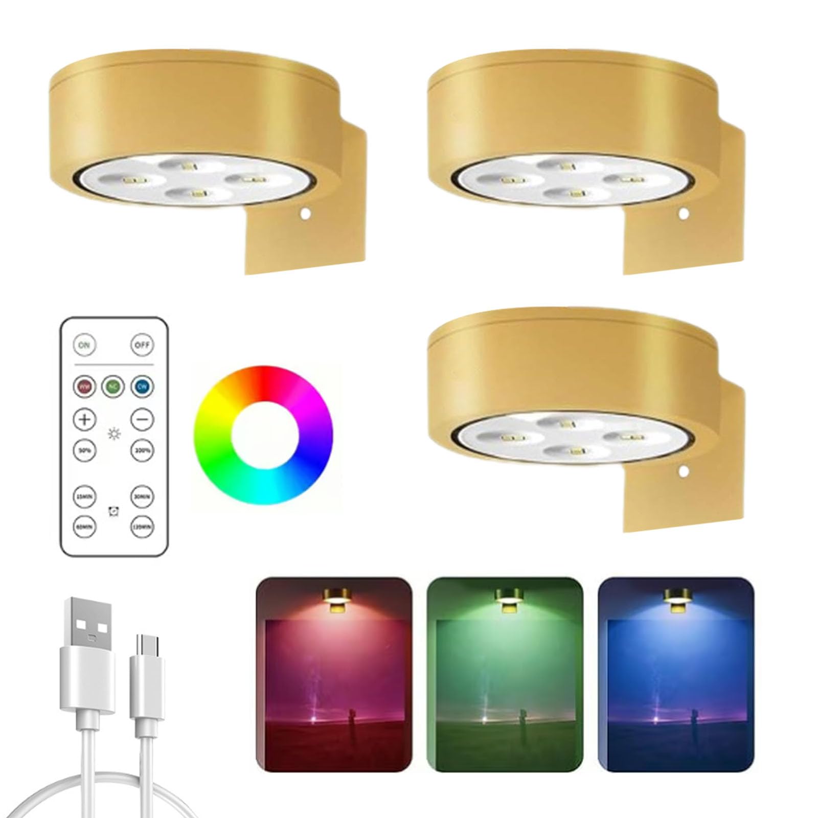 Luces Para Cuadros, Luz Inalambrica, Luces Para Cuadros De Pared, Lámpara De Cuadro LED Sin Cable, Lamparas Sin Cables Con Control Remoto, Brillo Ajustable Y Temporizador (Dorado 3colores, 3Pcs)