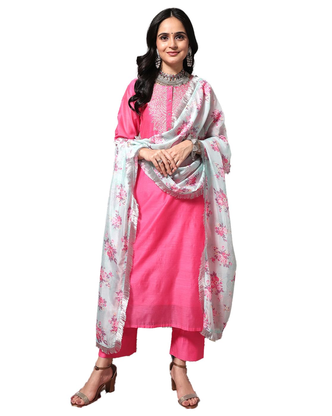 Varanga Women Pink Floral Embroidered Regular Chanderi Silk Kurta With Trousers & With Dupatta