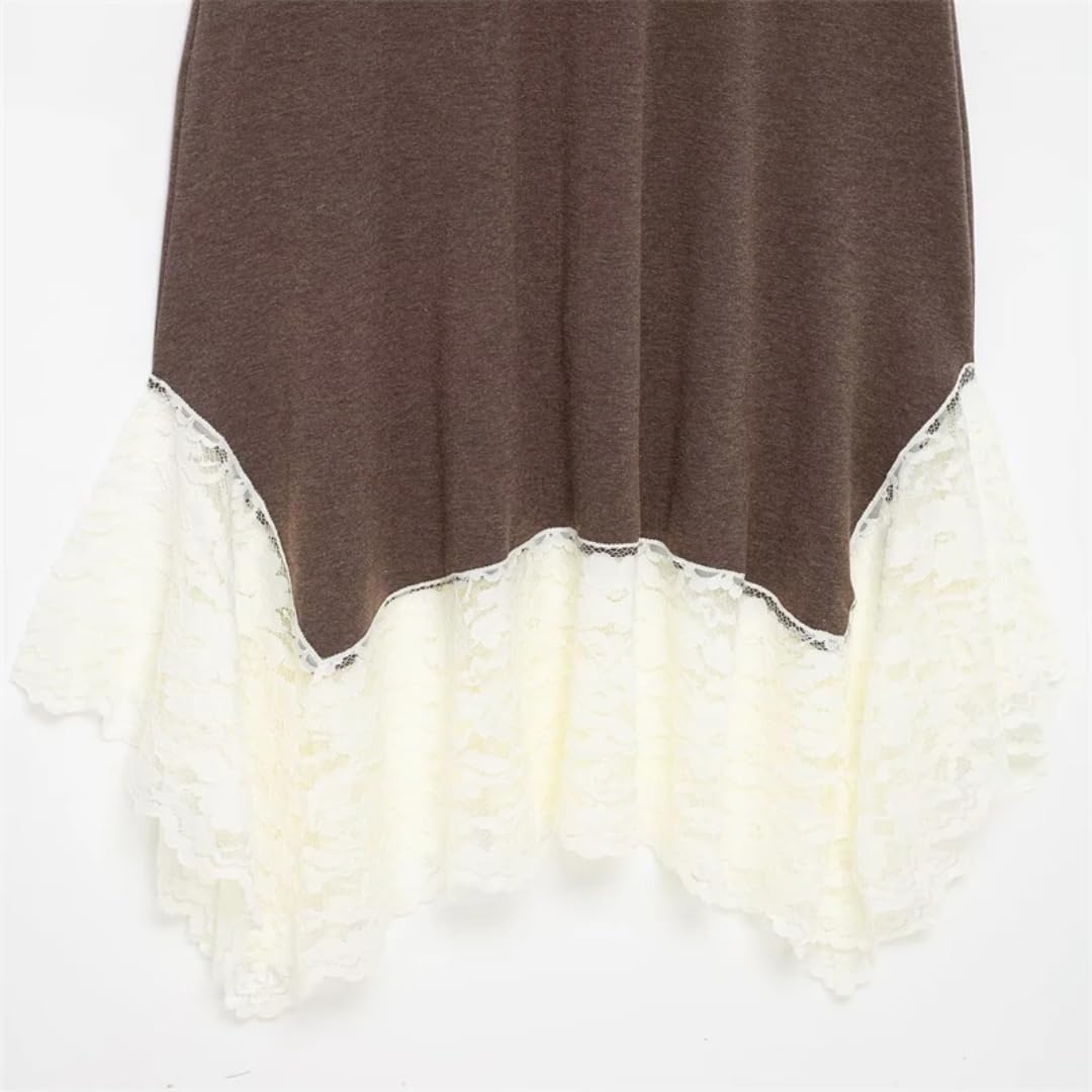 Dress Women's Brown Mock Neck Sleeveless Maxi with White Lace Hem Elegant Asymmetric Knit Dress for Casual & Formal