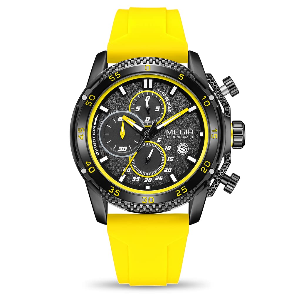 MEGIR Orologio sportivo da uomo, analogico, al quarzo, luminoso, con elegante cinturino in silicone, idea regalo, Giallo, Design elegante