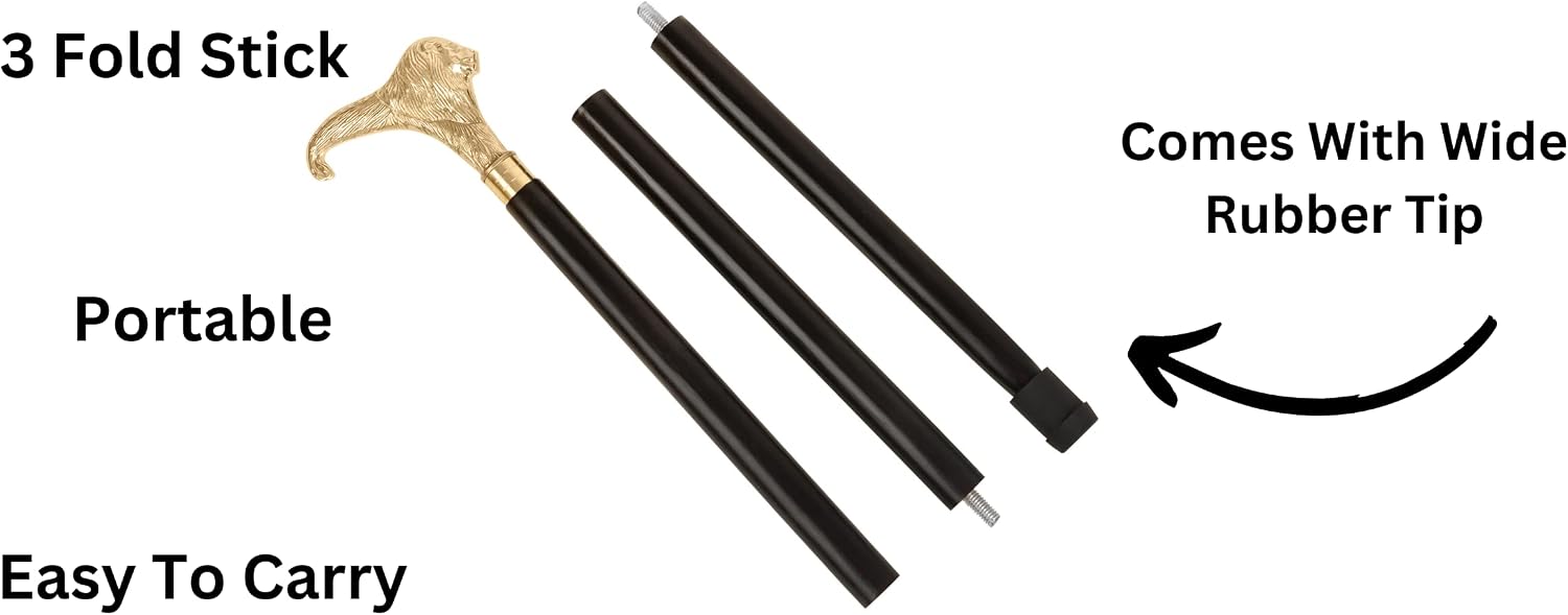Brass Lion Handle Cane Black Wooden Walking Stick Handcrafted Wood 3 Fold Fancy Cane for Men Women Senior
