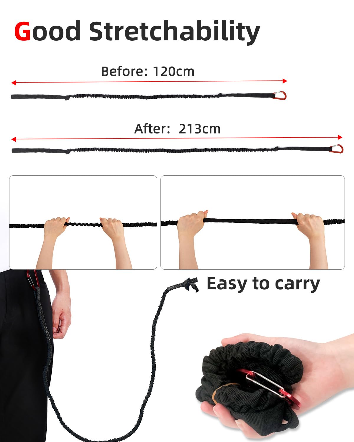 Abahub 2PCS Paddle Leash Kajak Paddle Leash Pasek bezpieczeństwa 150-210 cm | Elastyczna lina bezpieczeństwa z karabińczykiem do łodzi kajakowej do pływania kajakiem akcesoria do wiosłowania
